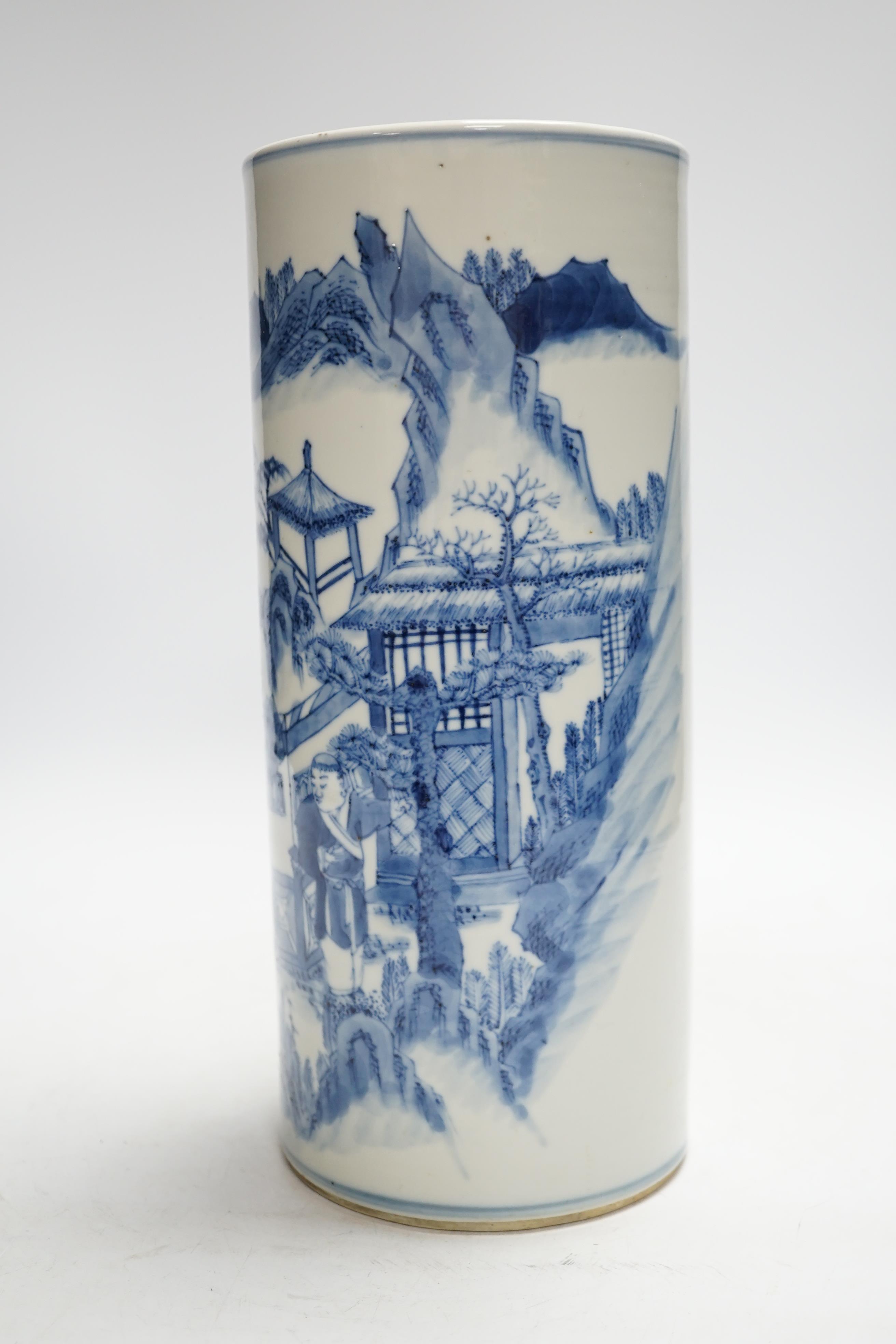 A Chinese blue and white ‘sages’ cylindrical brushpot, 19th century